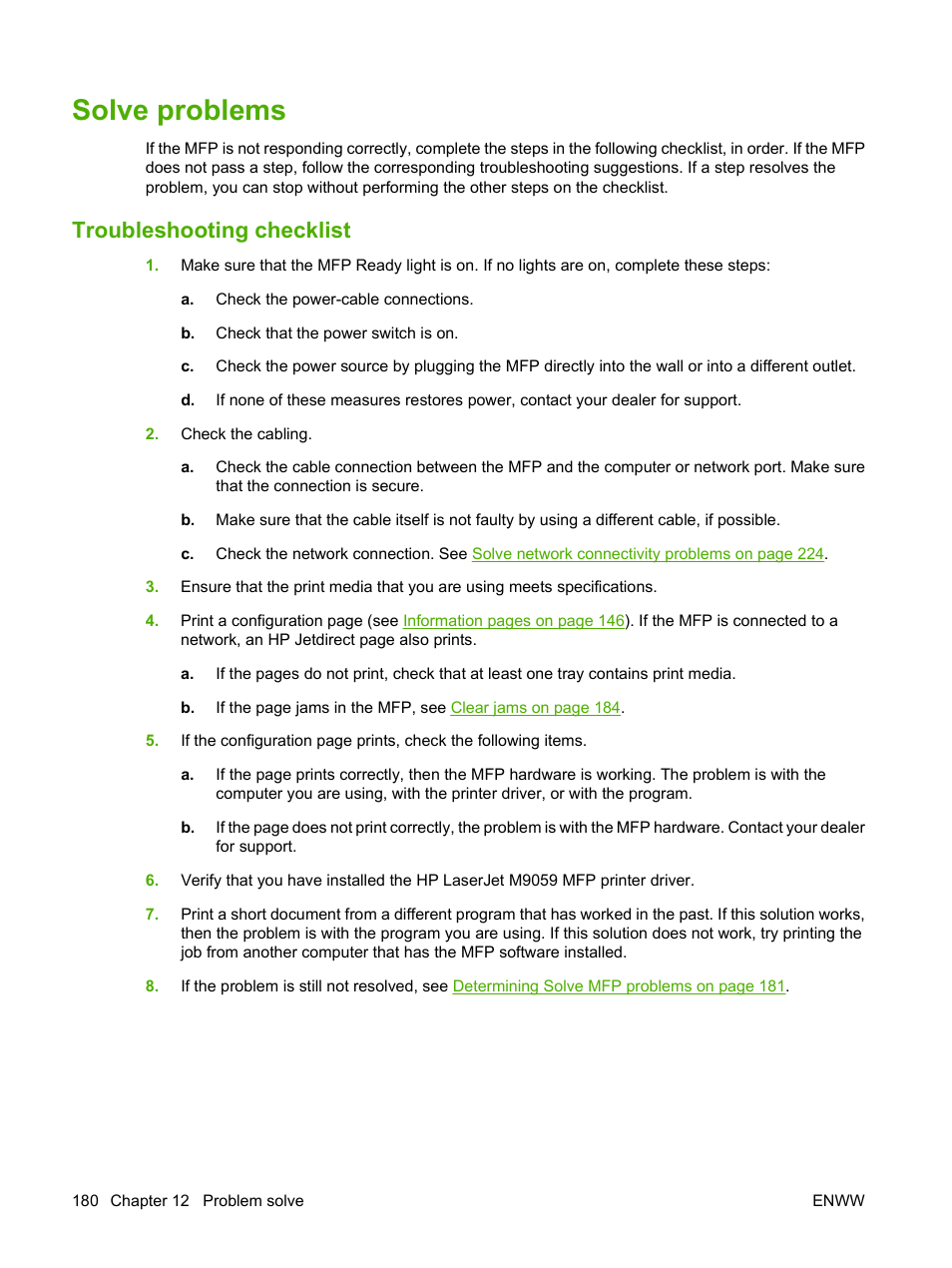 Solve problems, Troubleshooting checklist | HP LaserJet M9059 Multifunction Printer series User Manual | Page 194 / 272