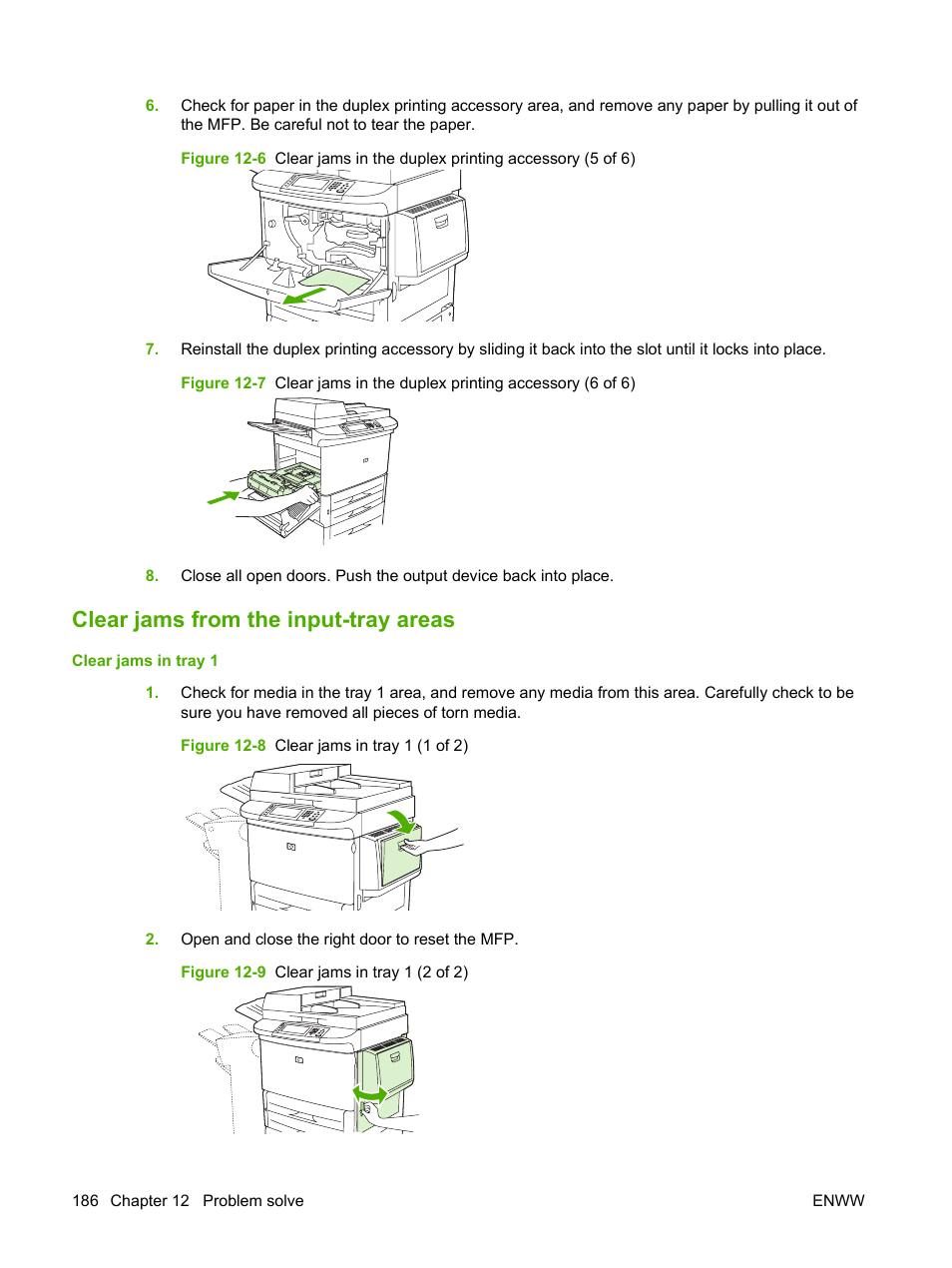 Clear jams from the input-tray areas | HP LaserJet M9059 Multifunction Printer series User Manual | Page 200 / 272