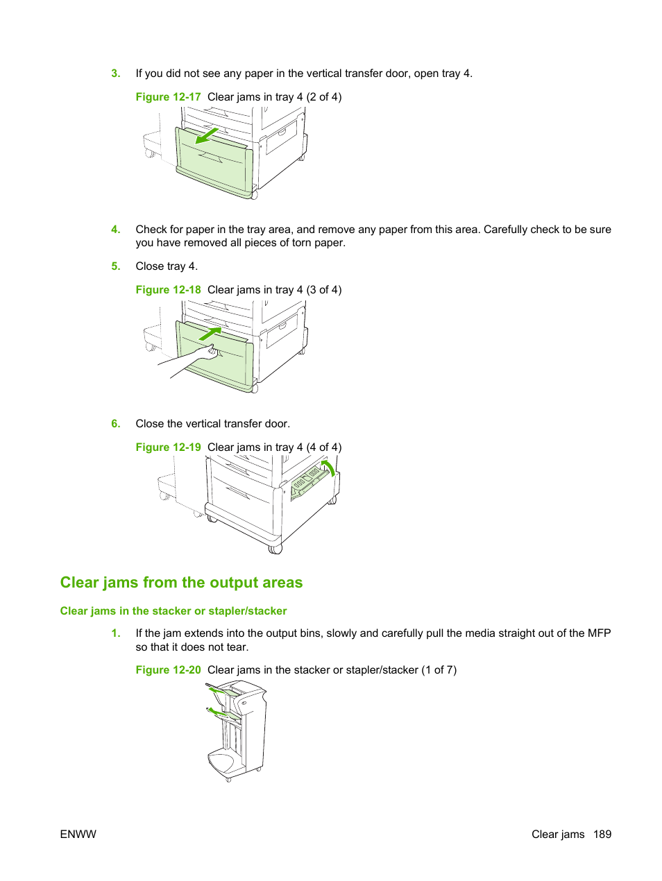 Clear jams from the output areas | HP LaserJet M9059 Multifunction Printer series User Manual | Page 203 / 272