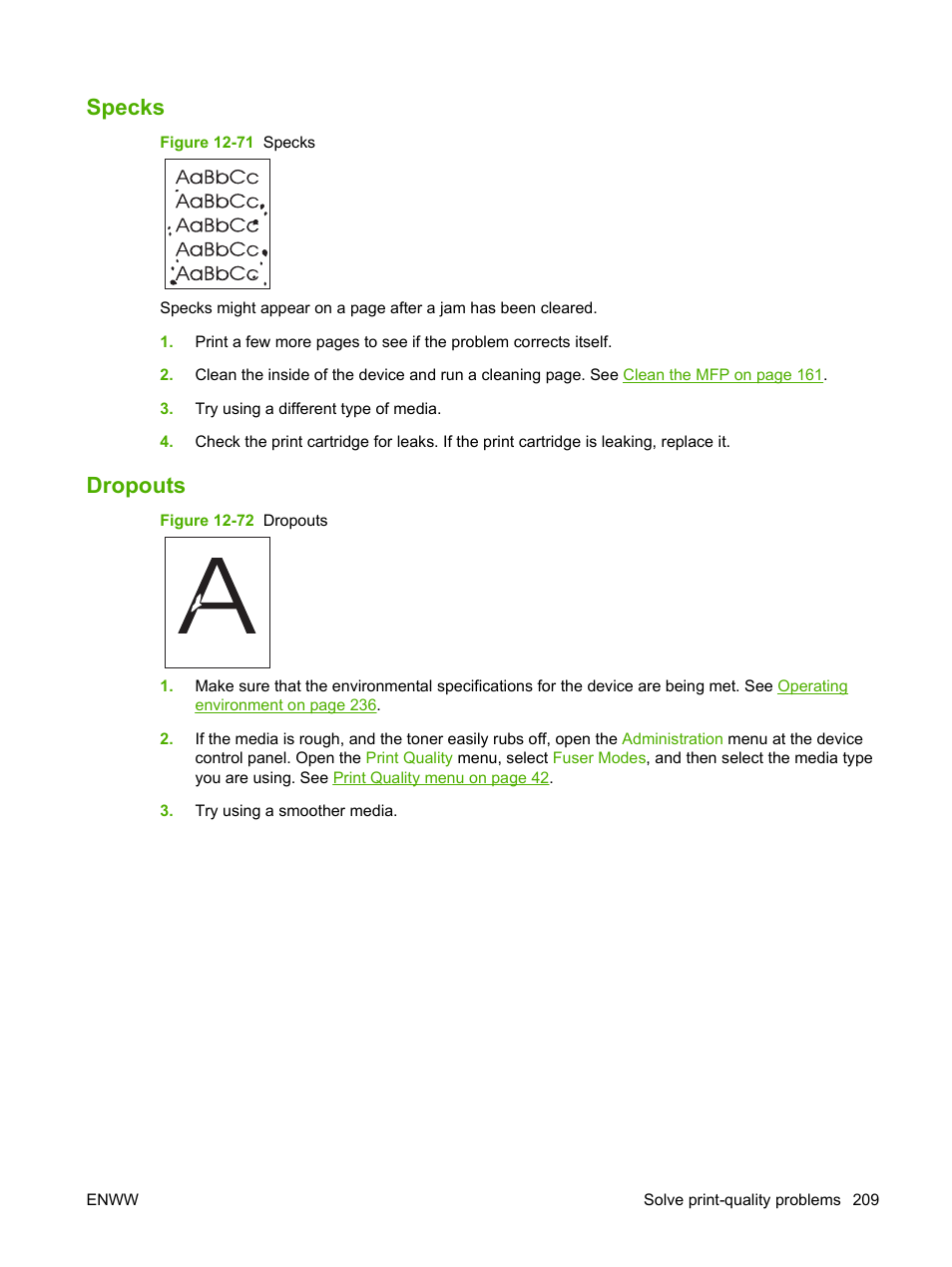 Specks, Dropouts, Specks dropouts | HP LaserJet M9059 Multifunction Printer series User Manual | Page 223 / 272