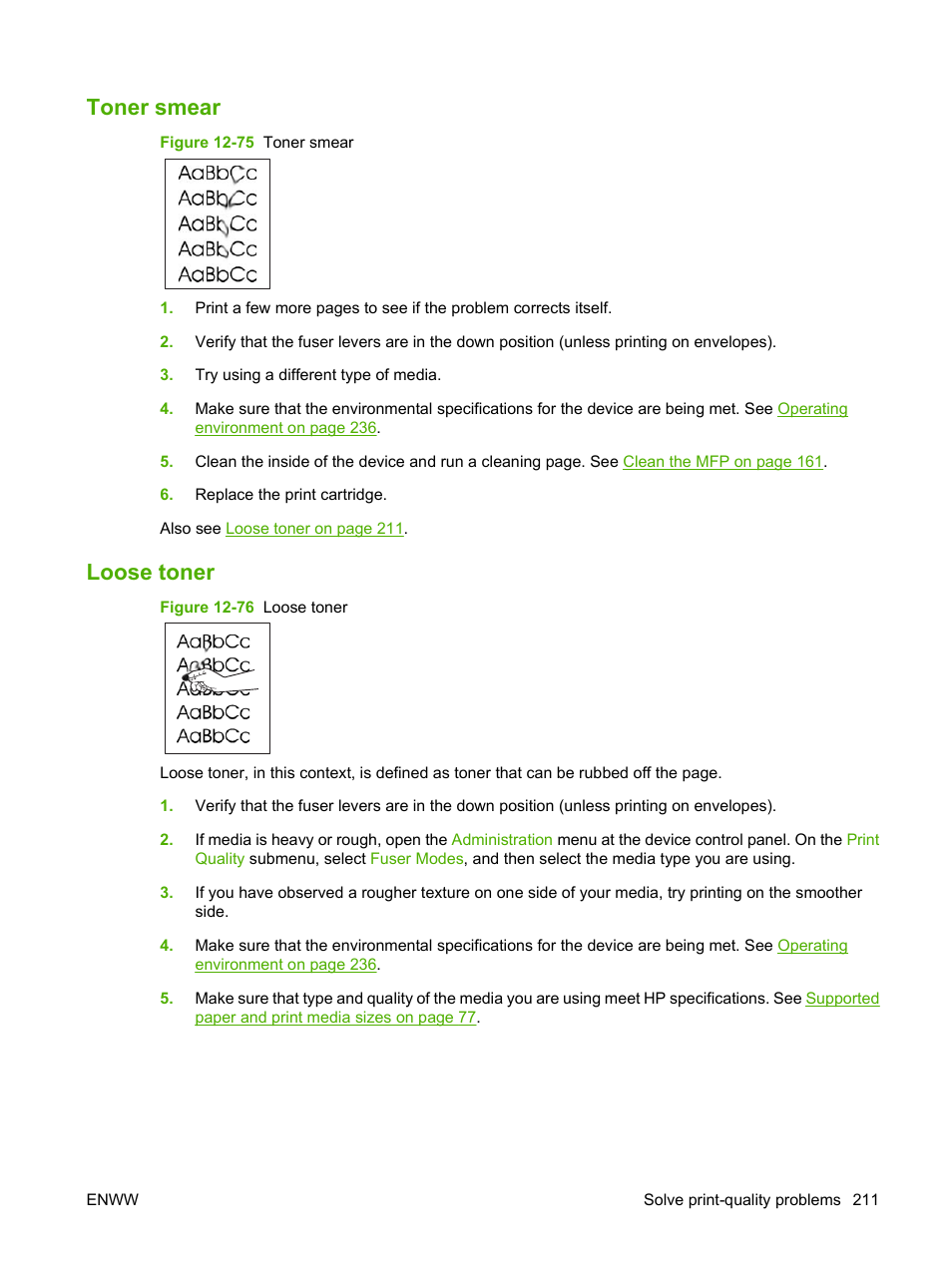 Toner smear, Loose toner, Toner smear loose toner | HP LaserJet M9059 Multifunction Printer series User Manual | Page 225 / 272