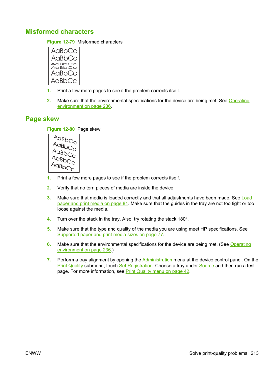 Misformed characters, Aabbcc, Page skew | HP LaserJet M9059 Multifunction Printer series User Manual | Page 227 / 272