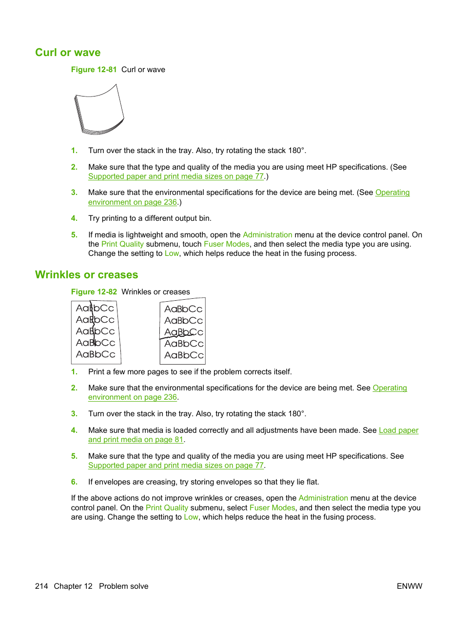 Curl or wave, Wrinkles or creases, Curl or wave wrinkles or creases | HP LaserJet M9059 Multifunction Printer series User Manual | Page 228 / 272