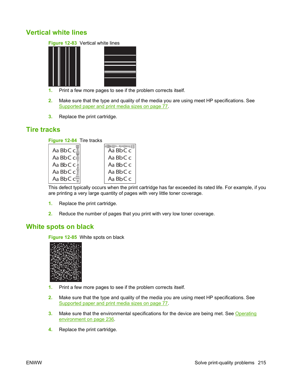 Vertical white lines, Tire tracks, White spots on black | HP LaserJet M9059 Multifunction Printer series User Manual | Page 229 / 272