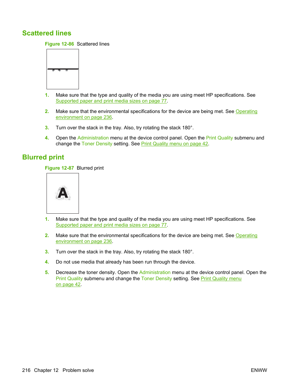 Scattered lines, Blurred print, Scattered lines blurred print | HP LaserJet M9059 Multifunction Printer series User Manual | Page 230 / 272