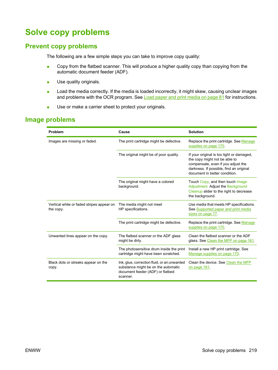 Solve copy problems, Prevent copy problems, Image problems | Prevent copy problems image problems | HP LaserJet M9059 Multifunction Printer series User Manual | Page 233 / 272