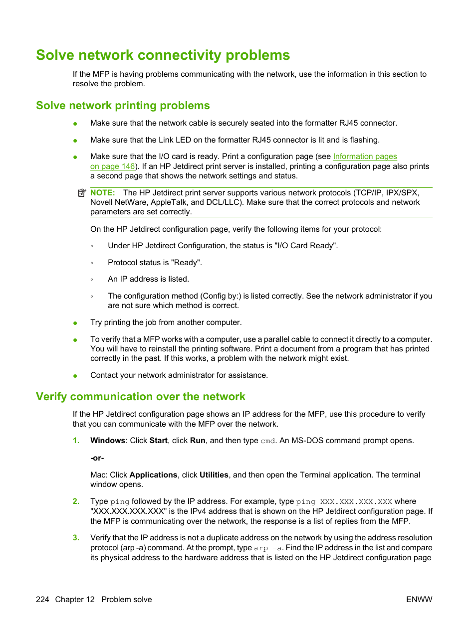 Solve network connectivity problems, Solve network printing problems, Verify communication over the network | HP LaserJet M9059 Multifunction Printer series User Manual | Page 238 / 272