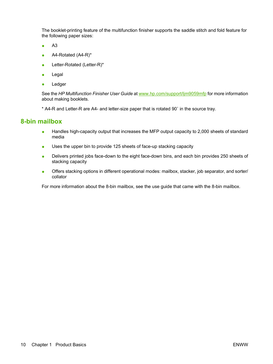 Bin mailbox | HP LaserJet M9059 Multifunction Printer series User Manual | Page 24 / 272