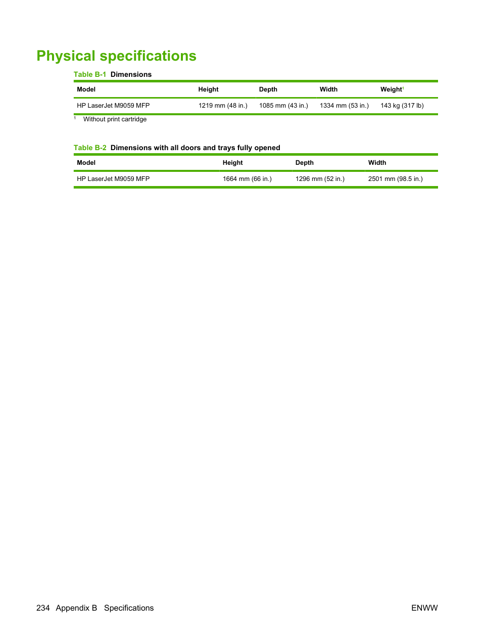 Physical specifications | HP LaserJet M9059 Multifunction Printer series User Manual | Page 248 / 272