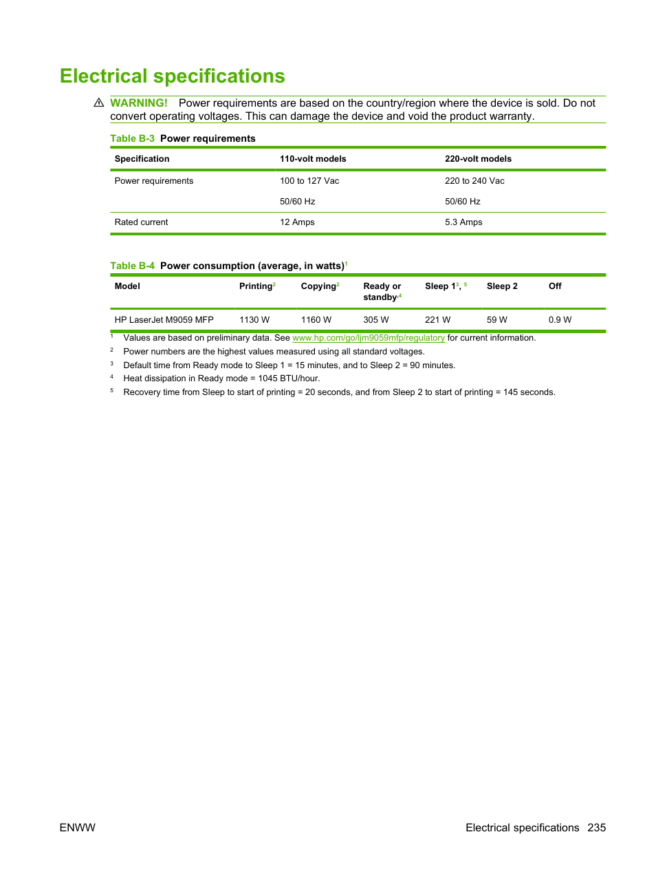 Electrical specifications, Enww electrical specifications 235 | HP LaserJet M9059 Multifunction Printer series User Manual | Page 249 / 272