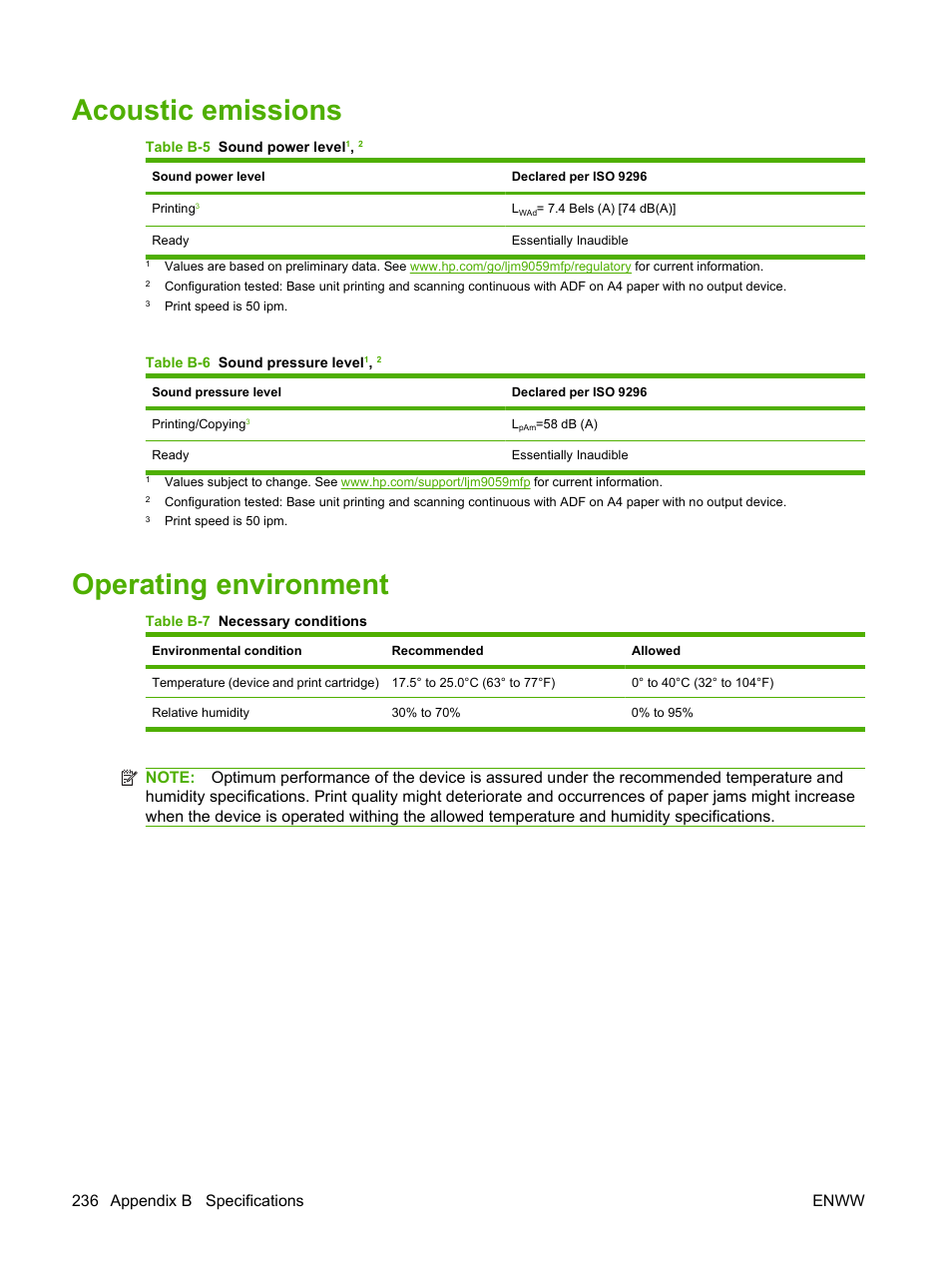 Acoustic emissions, Operating environment, Acoustic emissions operating environment | Operating | HP LaserJet M9059 Multifunction Printer series User Manual | Page 250 / 272