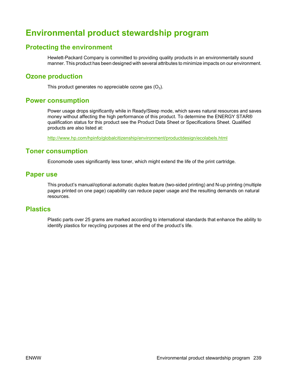 Environmental product stewardship program, Protecting the environment, Ozone production | Power consumption, Toner consumption, Paper use, Plastics | HP LaserJet M9059 Multifunction Printer series User Manual | Page 253 / 272