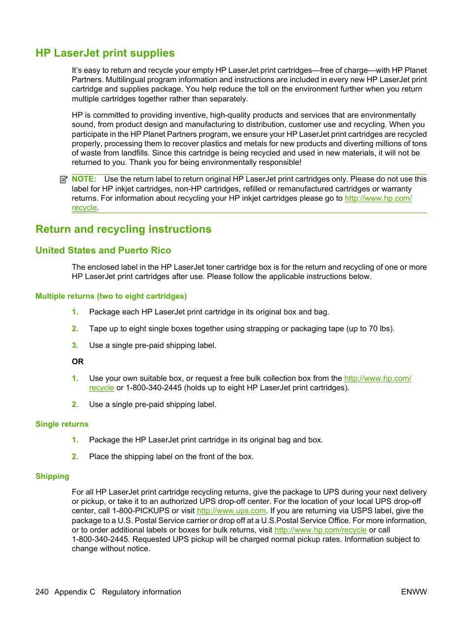 Hp laserjet print supplies, Return and recycling instructions, United states and puerto rico | Multiple returns (two to eight cartridges), Single returns, Shipping | HP LaserJet M9059 Multifunction Printer series User Manual | Page 254 / 272