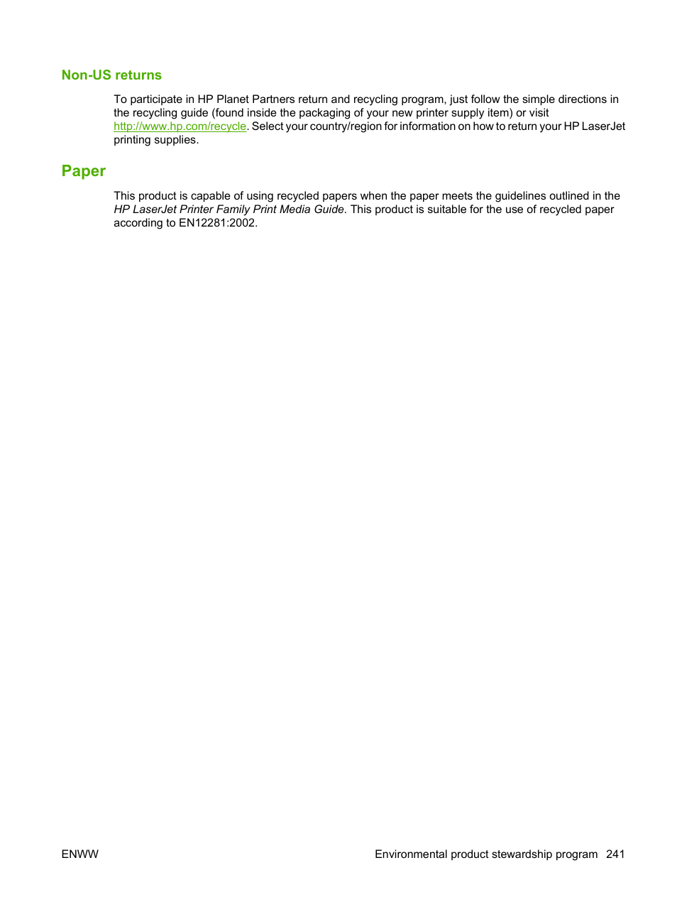 Non-us returns, Paper | HP LaserJet M9059 Multifunction Printer series User Manual | Page 255 / 272