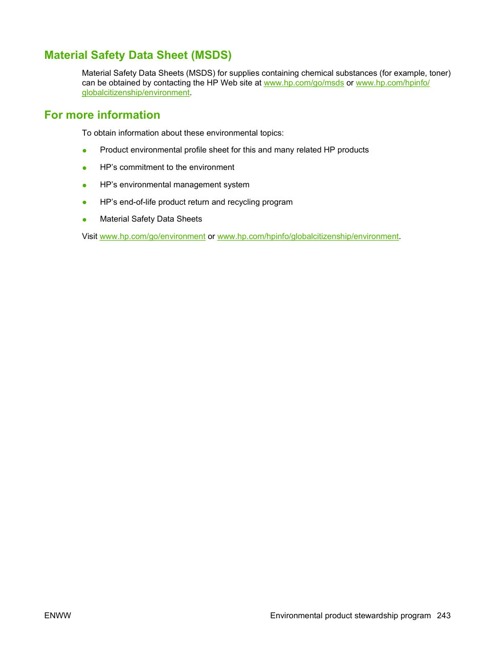 Material safety data sheet (msds), For more information | HP LaserJet M9059 Multifunction Printer series User Manual | Page 257 / 272