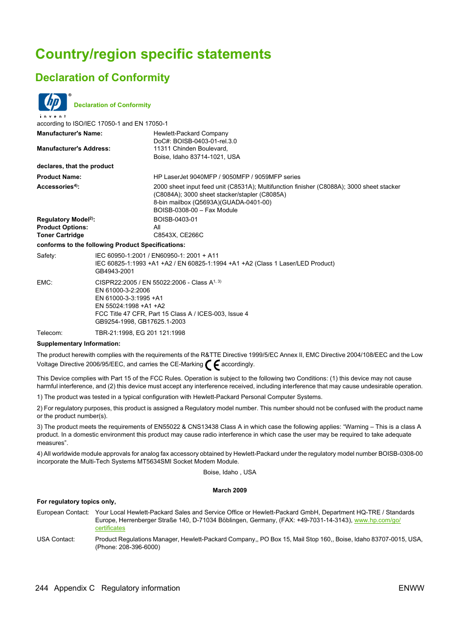 Country/region specific statements, Declaration of conformity, 244 appendix c regulatory information enww | HP LaserJet M9059 Multifunction Printer series User Manual | Page 258 / 272