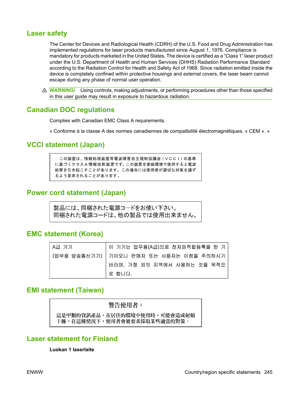 Laser safety, Canadian doc regulations, Vcci statement (japan) | Power cord statement (japan), Emc statement (korea), Emi statement (taiwan), Laser statement for finland | HP LaserJet M9059 Multifunction Printer series User Manual | Page 259 / 272