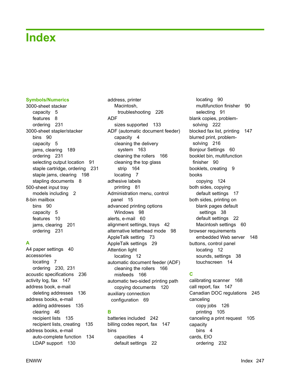 Index | HP LaserJet M9059 Multifunction Printer series User Manual | Page 261 / 272