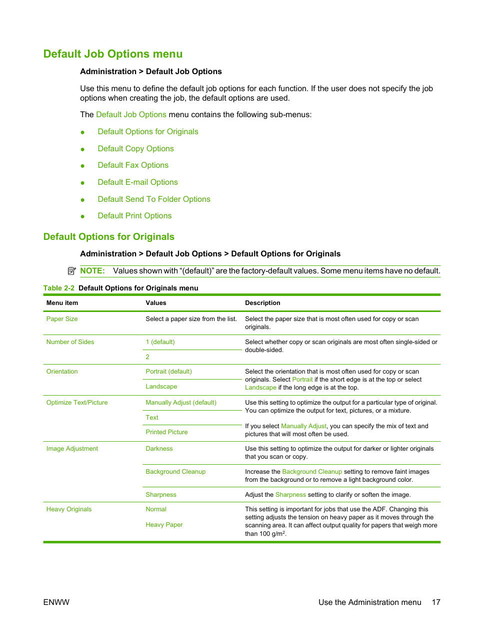 Default job options menu, Default options for originals | HP LaserJet M9059 Multifunction Printer series User Manual | Page 31 / 272