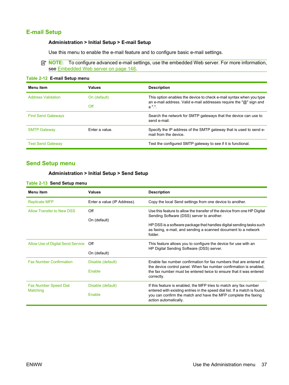 E-mail setup, Send setup menu, E-mail setup send setup menu | HP LaserJet M9059 Multifunction Printer series User Manual | Page 51 / 272