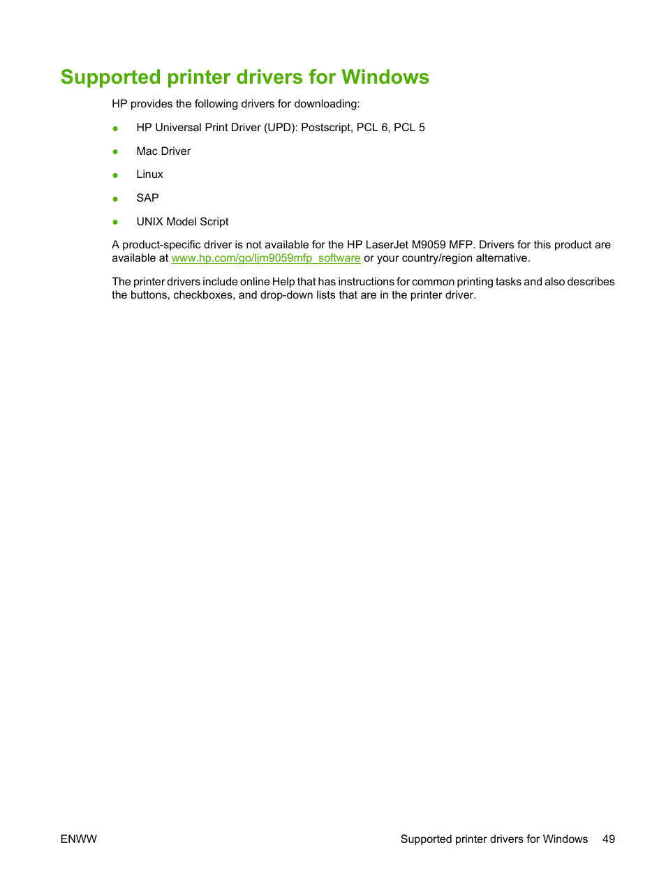 Supported printer drivers for windows | HP LaserJet M9059 Multifunction Printer series User Manual | Page 63 / 272