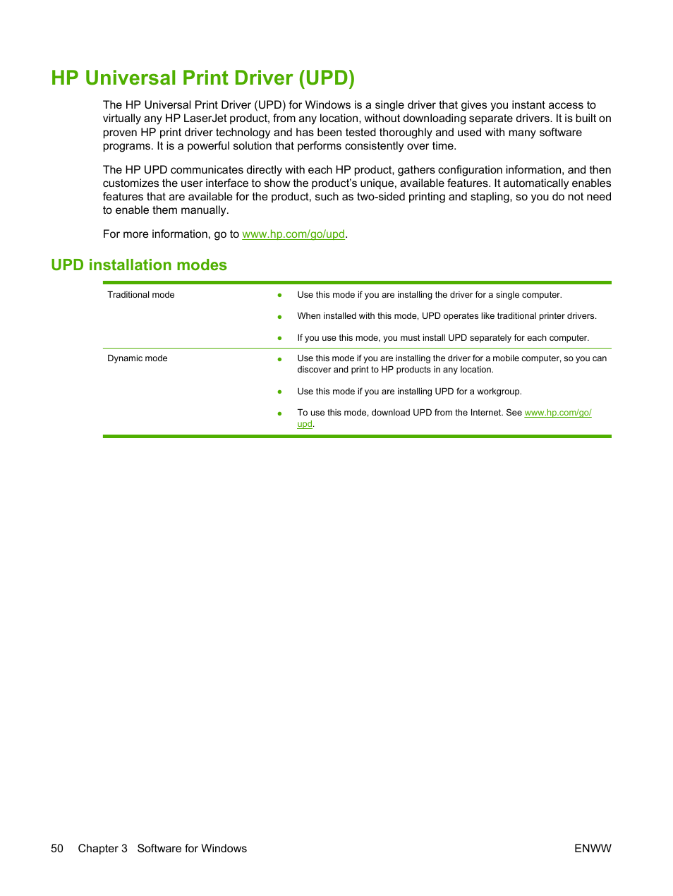Hp universal print driver (upd), Upd installation modes | HP LaserJet M9059 Multifunction Printer series User Manual | Page 64 / 272