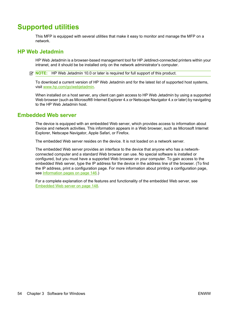 Supported utilities, Hp web jetadmin, Embedded web server | Hp web jetadmin embedded web server | HP LaserJet M9059 Multifunction Printer series User Manual | Page 68 / 272