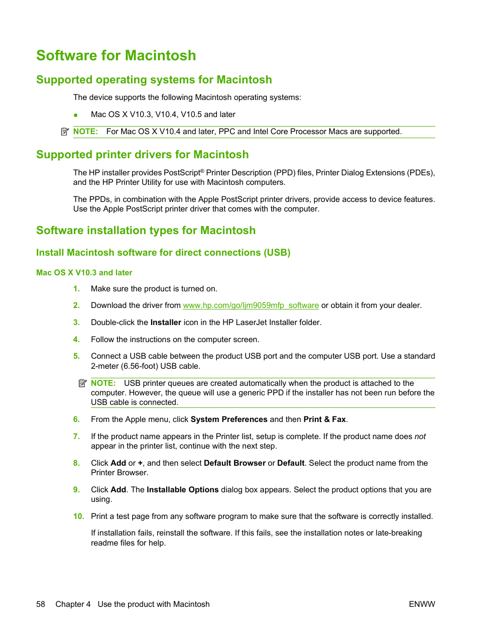 Software for macintosh, Supported operating systems for macintosh, Supported printer drivers for macintosh | Software installation types for macintosh | HP LaserJet M9059 Multifunction Printer series User Manual | Page 72 / 272