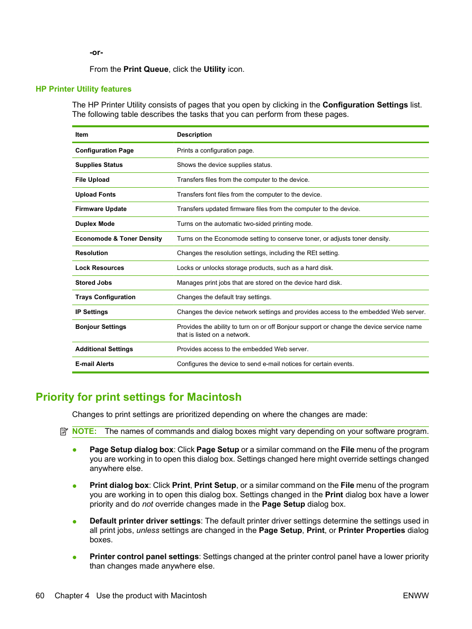 Hp printer utility features, Priority for print settings for macintosh | HP LaserJet M9059 Multifunction Printer series User Manual | Page 74 / 272