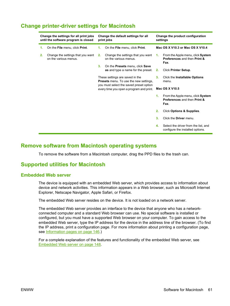 Change printer-driver settings for macintosh, Remove software from macintosh operating systems, Supported utilities for macintosh | Embedded web server | HP LaserJet M9059 Multifunction Printer series User Manual | Page 75 / 272