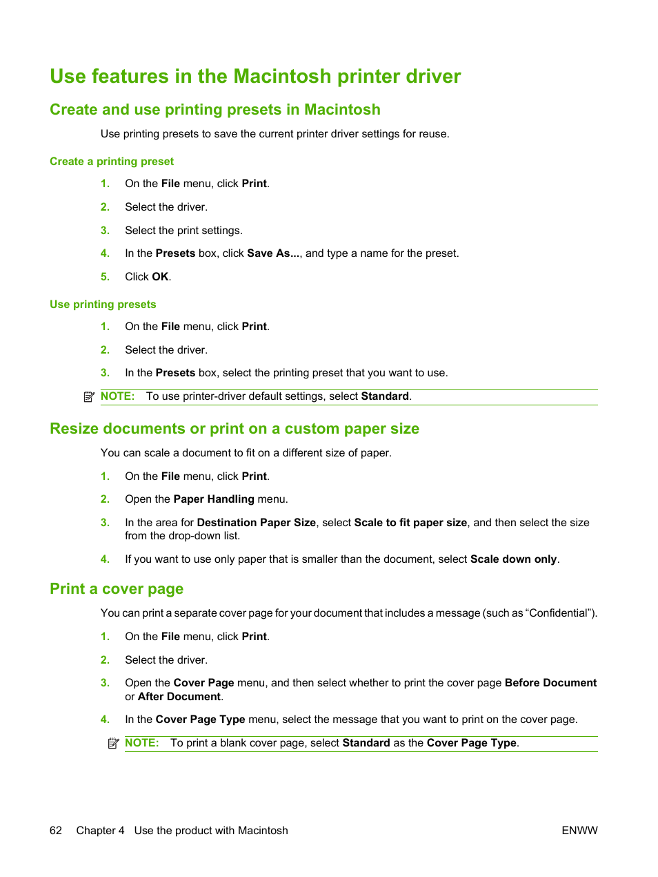 Use features in the macintosh printer driver, Create and use printing presets in macintosh, Resize documents or print on a custom paper size | Print a cover page | HP LaserJet M9059 Multifunction Printer series User Manual | Page 76 / 272