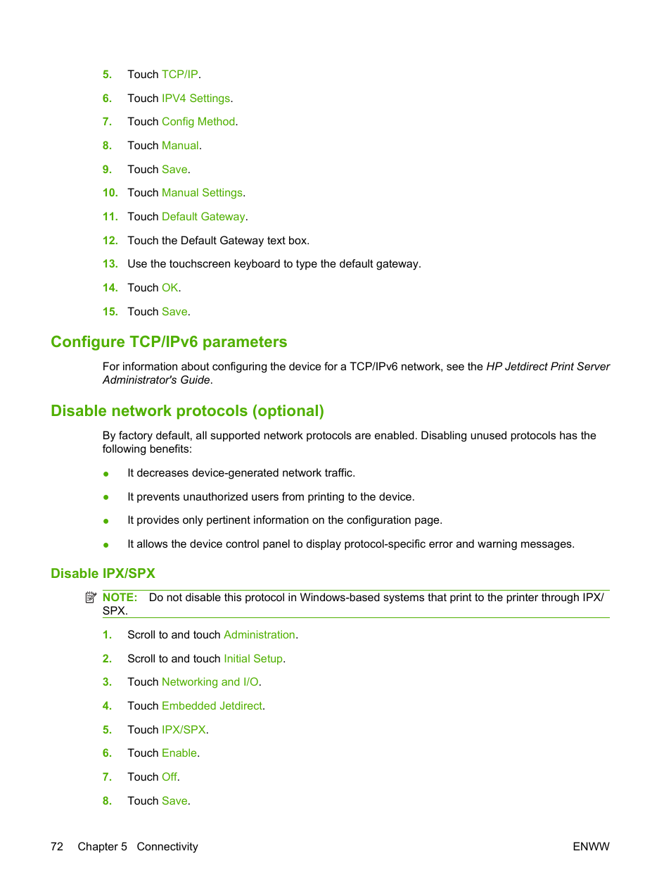 Configure tcp/ipv6 parameters, Disable network protocols (optional), Disable ipx/spx | HP LaserJet M9059 Multifunction Printer series User Manual | Page 86 / 272