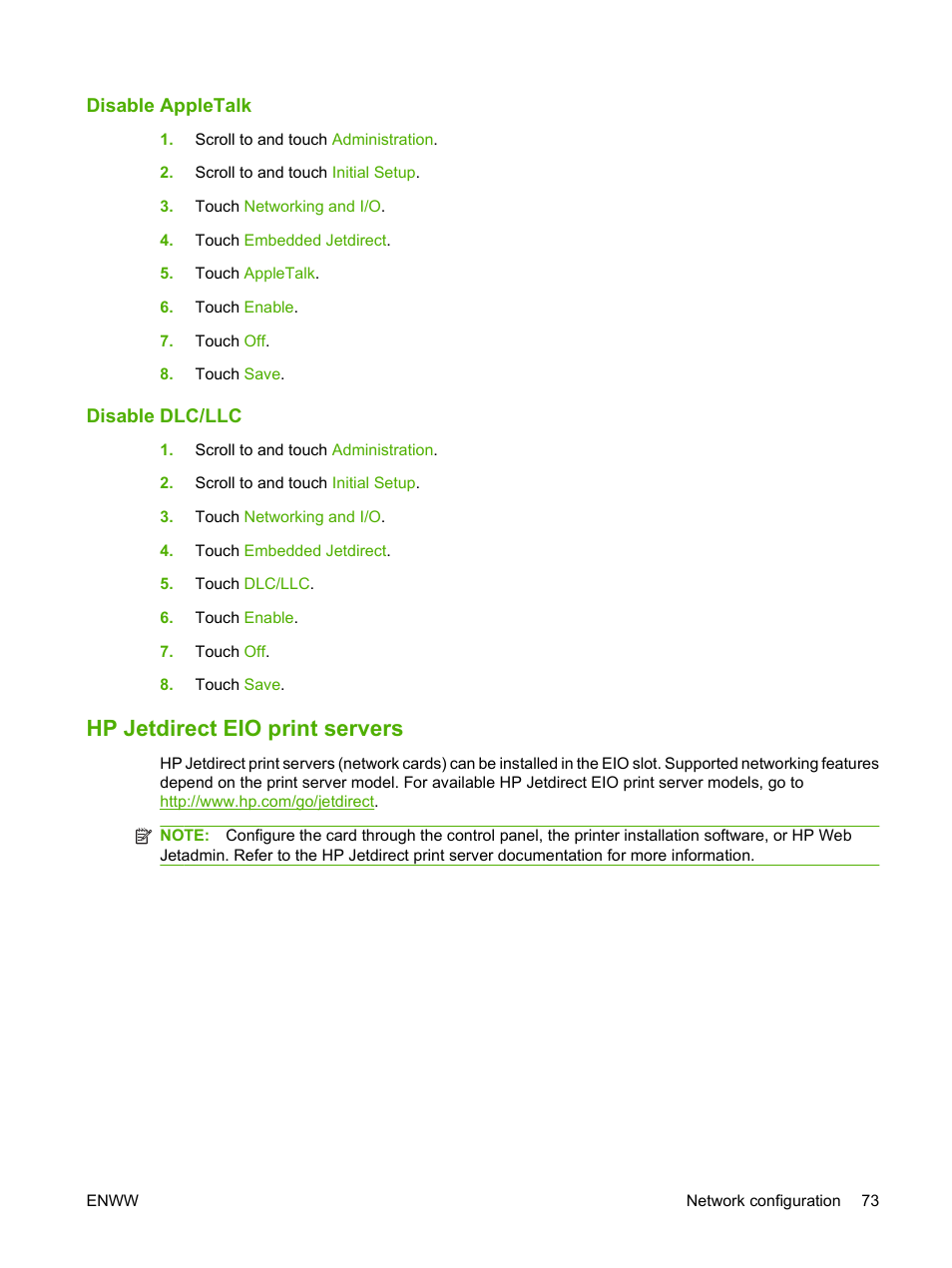 Disable appletalk, Disable dlc/llc, Hp jetdirect eio print servers | Disable appletalk disable dlc/llc | HP LaserJet M9059 Multifunction Printer series User Manual | Page 87 / 272
