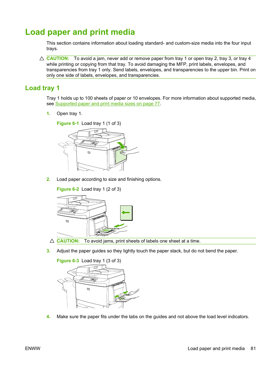 Load paper and print media, Load tray 1 | HP LaserJet M9059 Multifunction Printer series User Manual | Page 95 / 272