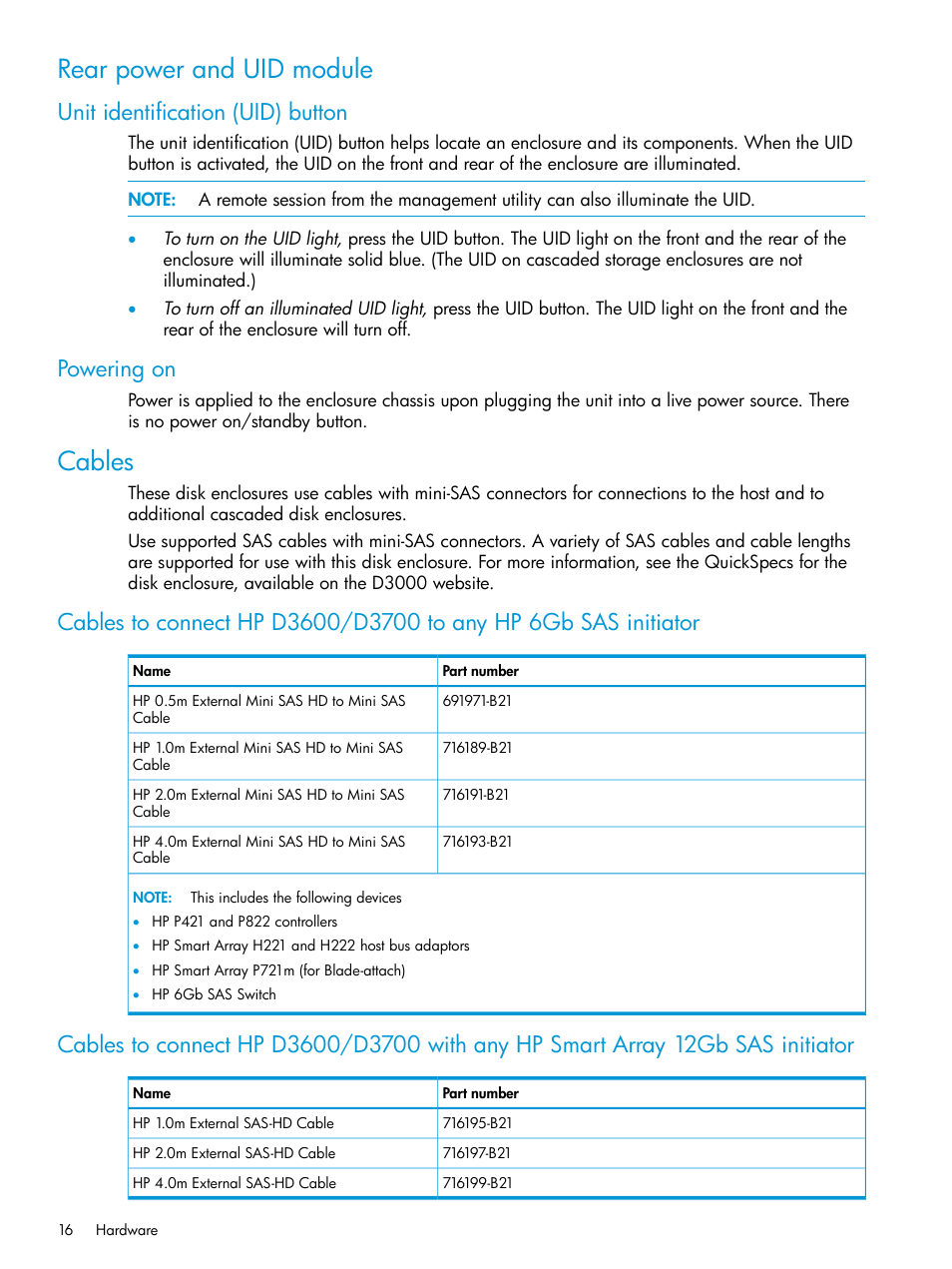 Rear power and uid module, Unit identification (uid) button, Powering on | Cables, Unit identification (uid) button powering on | HP D3000 Disk Enclosures User Manual | Page 16 / 69