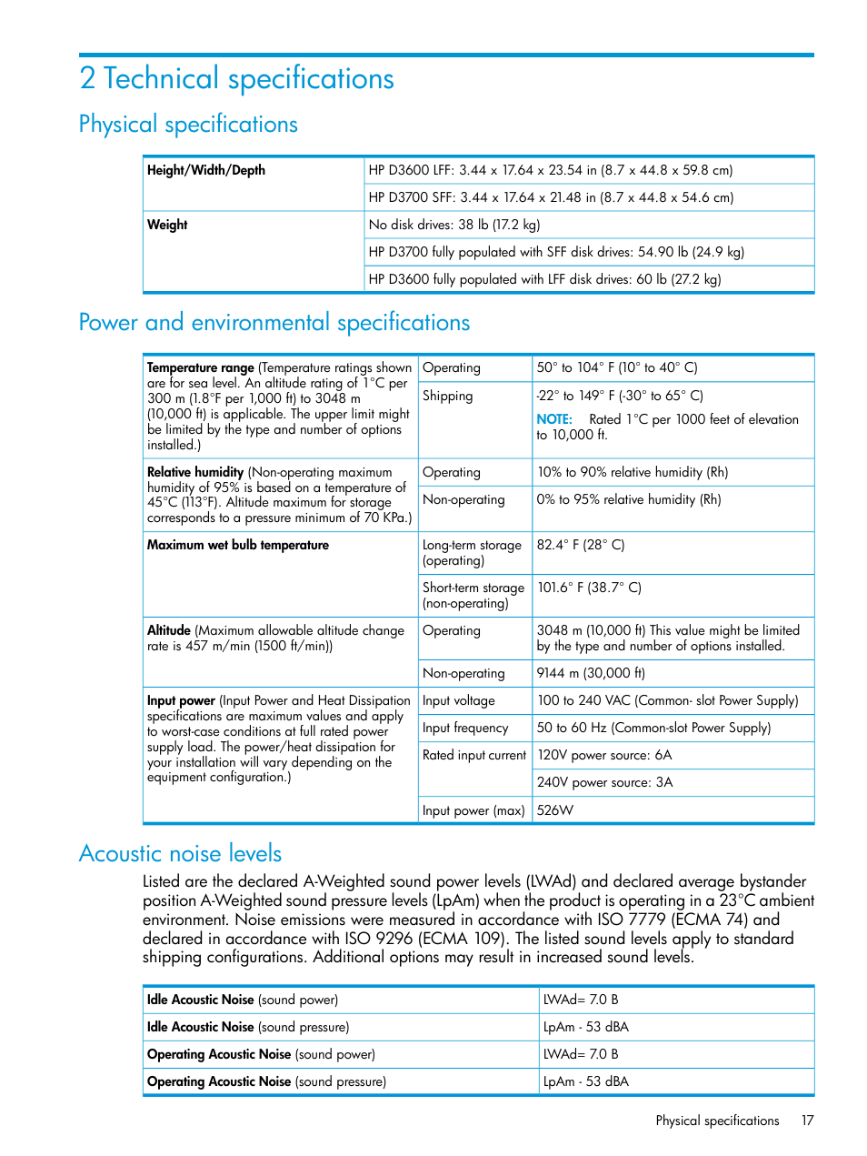 2 technical specifications, Physical specifications, Power and environmental specifications | Acoustic noise levels | HP D3000 Disk Enclosures User Manual | Page 17 / 69