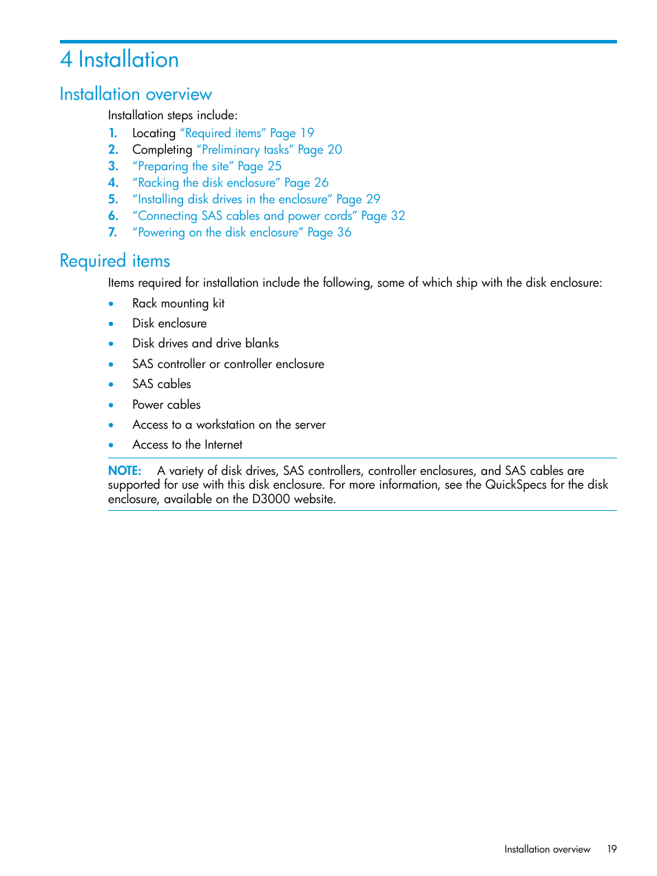 4 installation, Installation overview, Required items | Installation overview required items | HP D3000 Disk Enclosures User Manual | Page 19 / 69