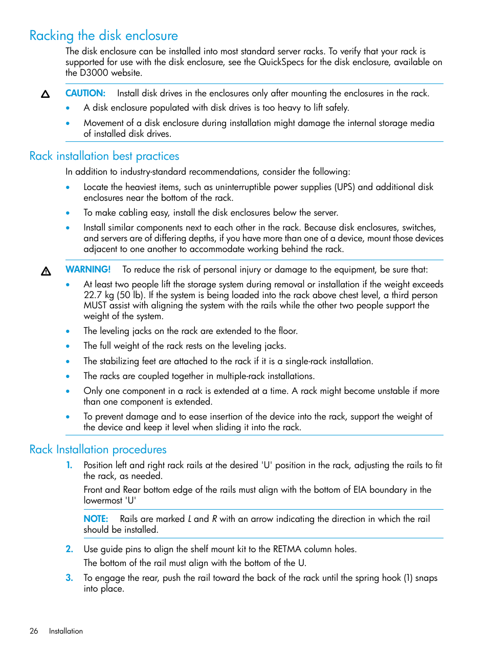 Racking the disk enclosure, Rack installation best practices, Rack installation procedures | HP D3000 Disk Enclosures User Manual | Page 26 / 69