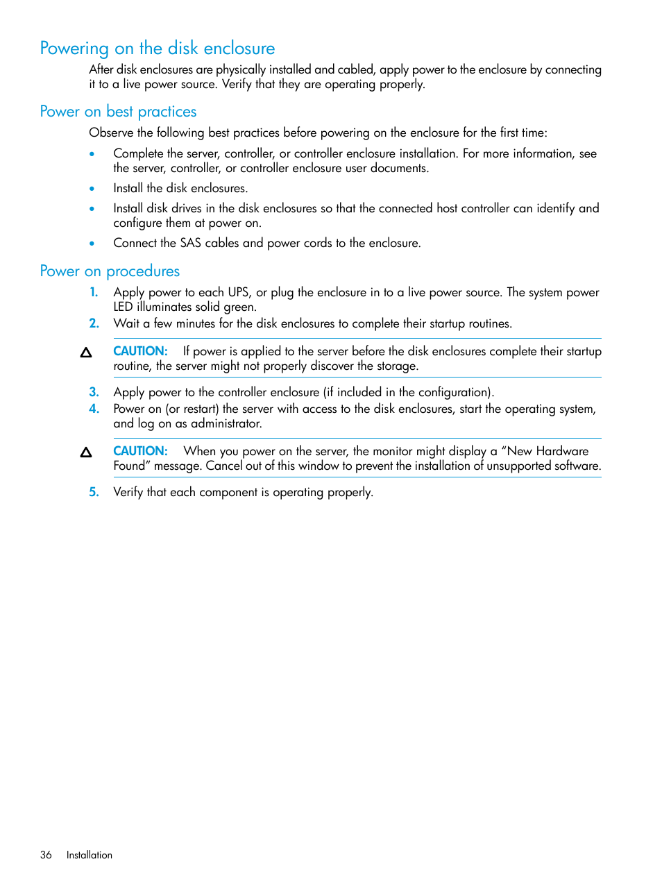 Powering on the disk enclosure, Power on best practices, Power on procedures | Power on best practices power on procedures | HP D3000 Disk Enclosures User Manual | Page 36 / 69