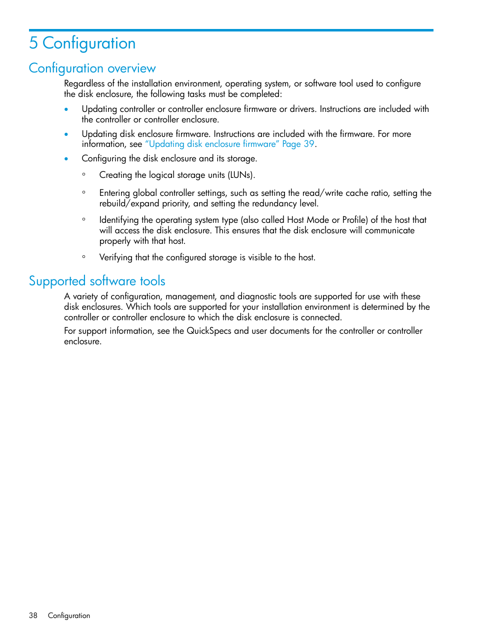 5 configuration, Configuration overview, Supported software tools | Configuration overview supported software tools | HP D3000 Disk Enclosures User Manual | Page 38 / 69
