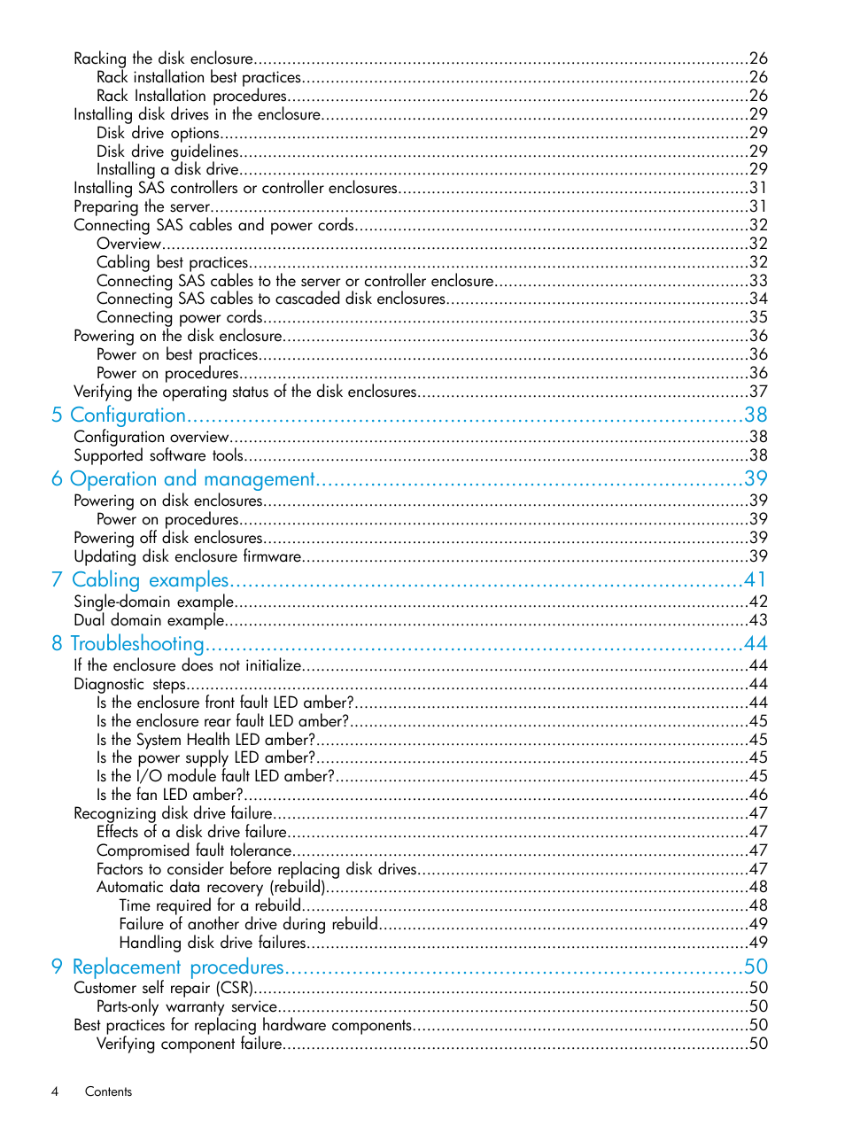 5 configuration, 6 operation and management, 7 cabling examples | 8 troubleshooting, 9 replacement procedures | HP D3000 Disk Enclosures User Manual | Page 4 / 69