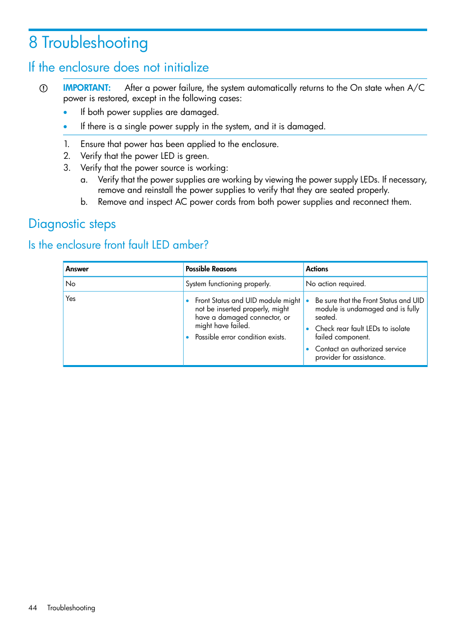 8 troubleshooting, If the enclosure does not initialize, Diagnostic steps | Is the enclosure front fault led amber | HP D3000 Disk Enclosures User Manual | Page 44 / 69