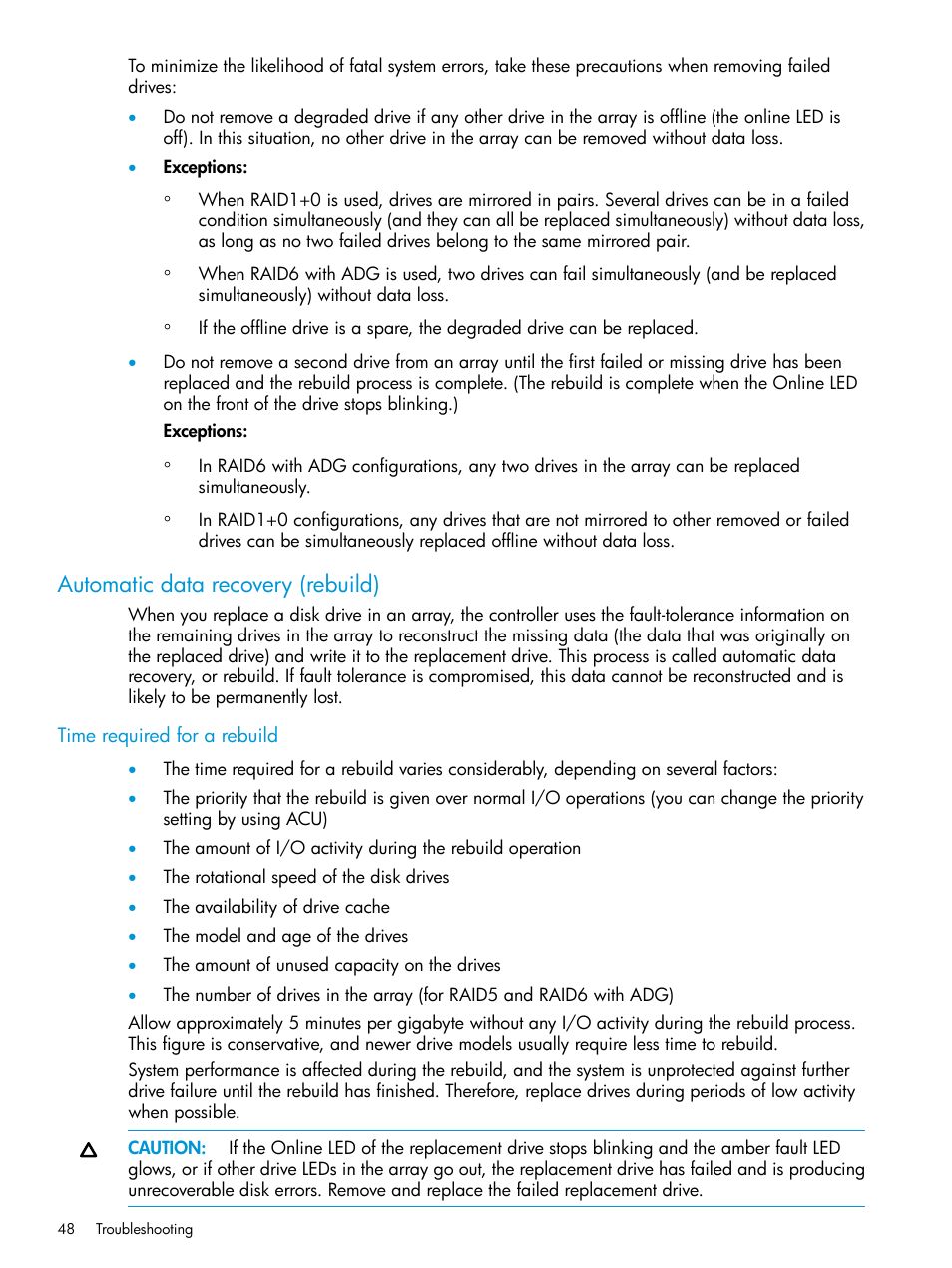 Automatic data recovery (rebuild), Time required for a rebuild | HP D3000 Disk Enclosures User Manual | Page 48 / 69