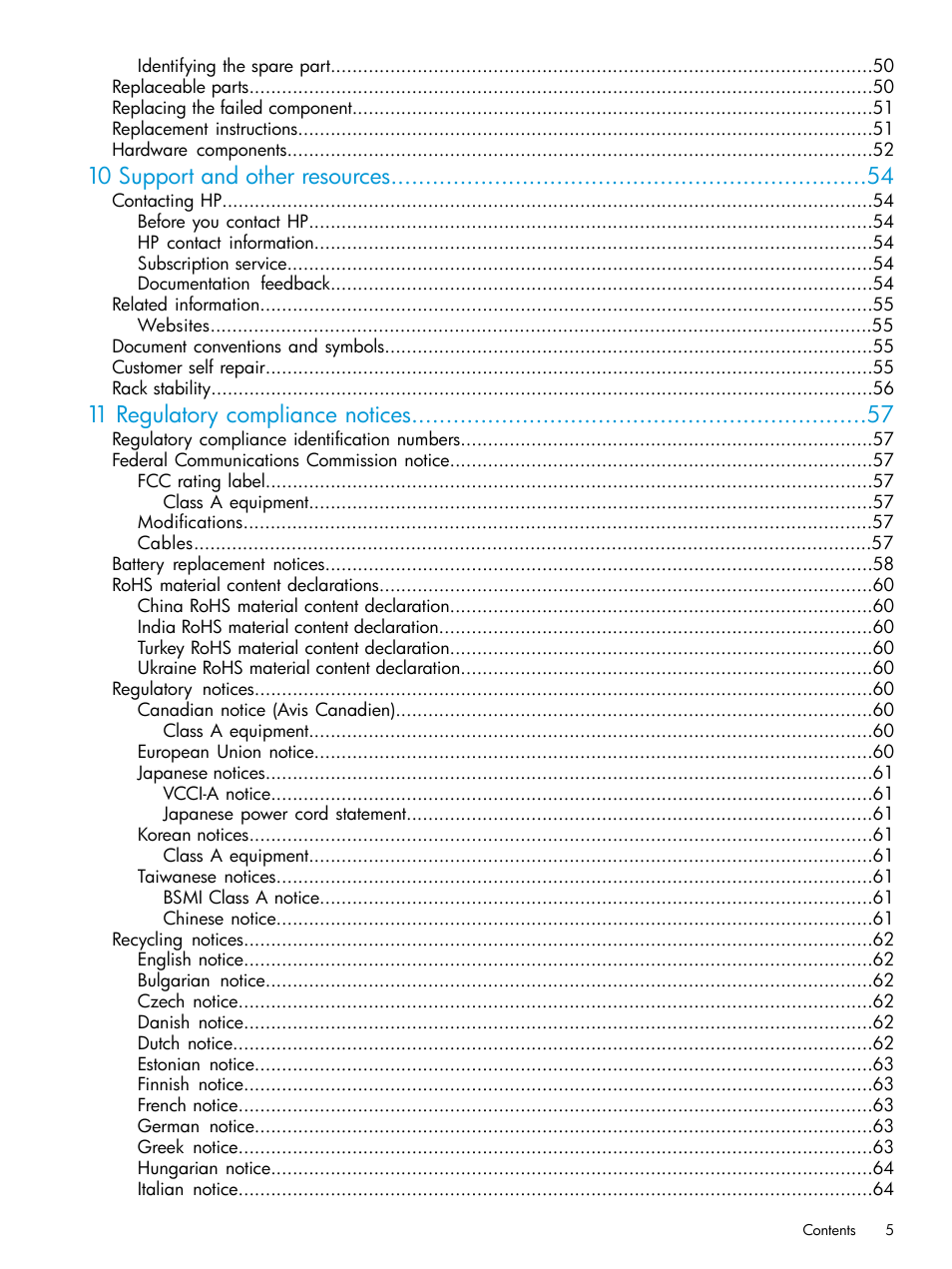 10 support and other resources, 11 regulatory compliance notices | HP D3000 Disk Enclosures User Manual | Page 5 / 69