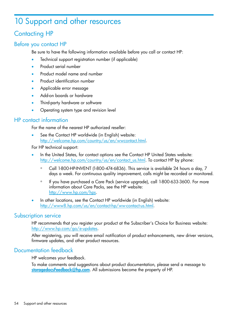 10 support and other resources, Contacting hp, Before you contact hp | Hp contact information, Subscription service, Documentation feedback | HP D3000 Disk Enclosures User Manual | Page 54 / 69