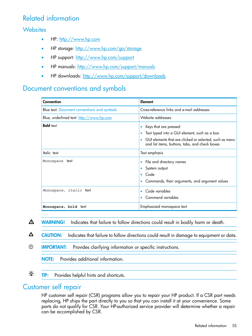 Related information, Websites, Document conventions and symbols | Customer self repair | HP D3000 Disk Enclosures User Manual | Page 55 / 69