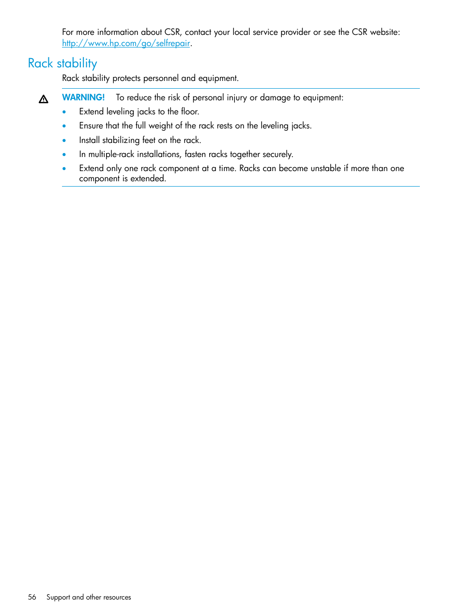 Rack stability | HP D3000 Disk Enclosures User Manual | Page 56 / 69