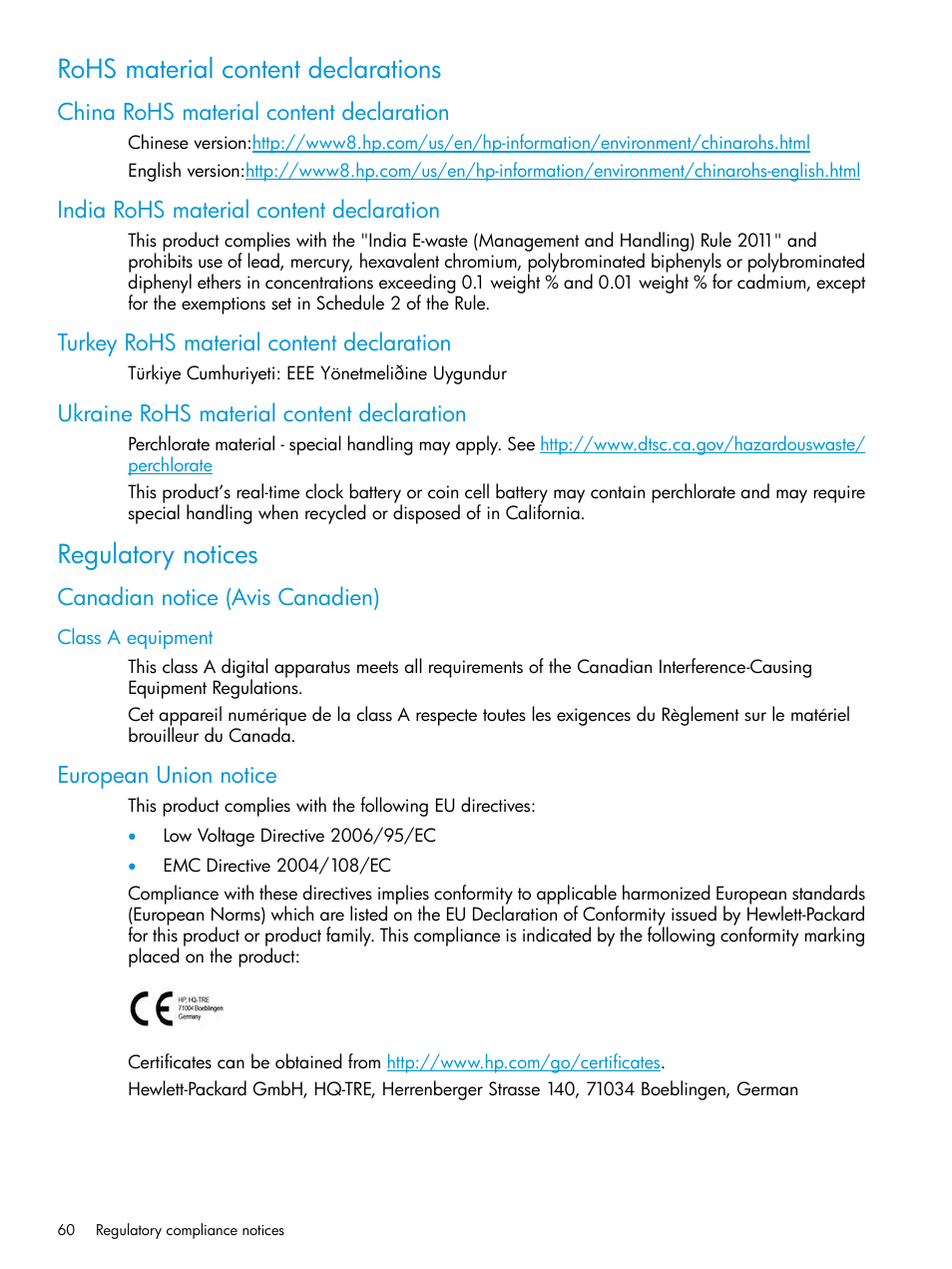 Rohs material content declarations, China rohs material content declaration, India rohs material content declaration | Turkey rohs material content declaration, Ukraine rohs material content declaration, Regulatory notices, Canadian notice (avis canadien), Class a equipment, European union notice | HP D3000 Disk Enclosures User Manual | Page 60 / 69