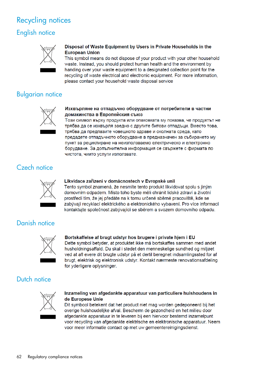 Recycling notices, English notice, Bulgarian notice | Czech notice, Danish notice, Dutch notice | HP D3000 Disk Enclosures User Manual | Page 62 / 69