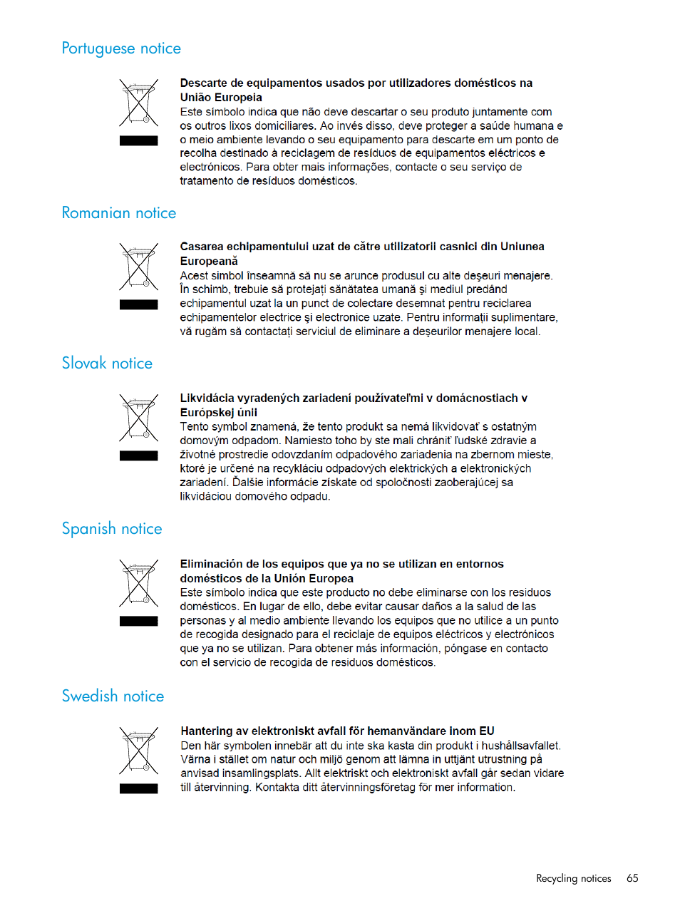 Portuguese notice, Romanian notice, Slovak notice | Spanish notice, Swedish notice | HP D3000 Disk Enclosures User Manual | Page 65 / 69